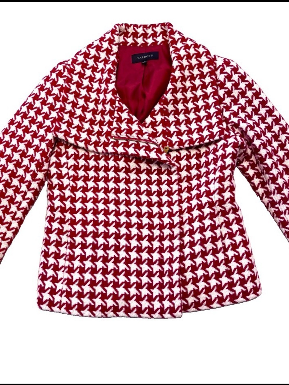 Talbots Red & Ivory Houndstooth Wool Blend Moto Jacket Size 2 EUC